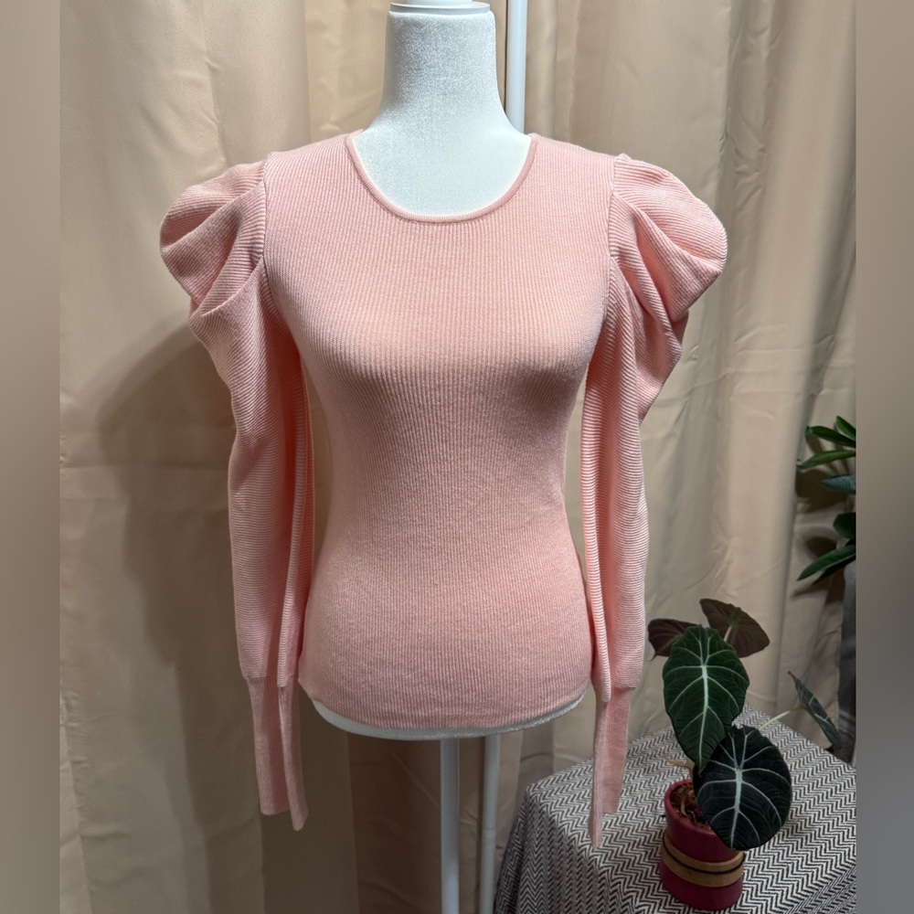 On Twelfth Pink Ribbed Puff Sleeve Sweater - Size S
